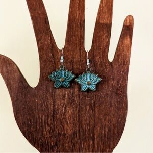 𝅺Lotus Flower Earrings With Green Patina New!
